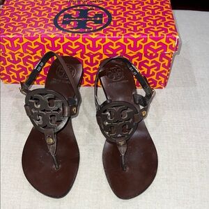 Tory Burch Dark Brown Leather Logo Thong Sandals with Gold Accents
